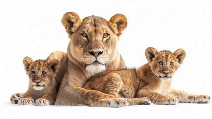 Lioness rests with two cubs, presenting a serene and protective family