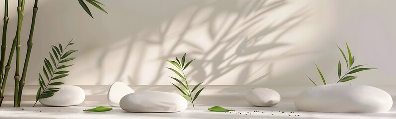 Minimalist podium, bamboo tree in sunlight, leaf shadow in blank white concrete wall for modern luxury organic beauty, cosmetic, skincare, nature, fashion product display background