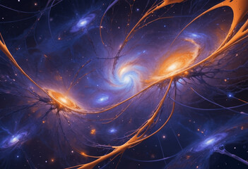 Cosmic Energy in Cosmic galaxy, Energy flowing in the cosmos like Neurons firing, Cosmology Space Close shot Showing Cosmic Web of Universe showing flowing Energy, Generative AI	