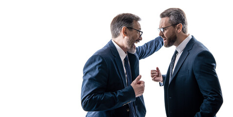 businessmen having conflict in business. conflict between boss and employee. conflict between companies. business conflict. two businessmen conflicting at rivalry isolated on white. copy space