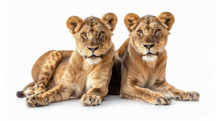 Two lionesses sit side by side, indicating strong bond, symmetry, and vigilance
