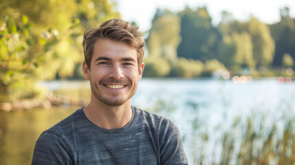 Portrait of a content man in his 30s in middle of nature near a lake
