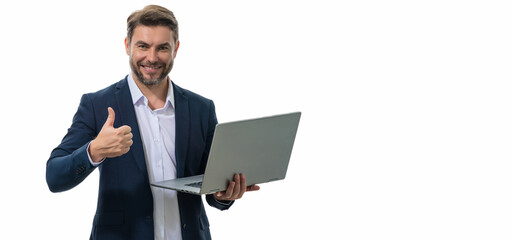 Hispanic man with thumbs up hold laptop. Businessman checking email on laptop, writing message in social network, using internet, searching information on laptops. Banner for web header.