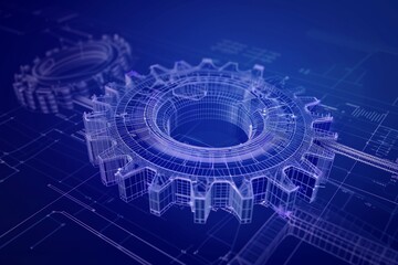 A striking monochromatic wireframe gear illustration, set against a deep blue background, emanating a sense of mechanical sophistication. 