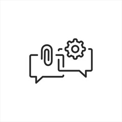 Dialogue and problem solving icon. Simple design of two speech bubbles with a paperclip and gear, representing ongoing communication, strategic discussions, troubleshooting. Vector illustration