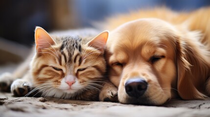 Dog and cat lying together on a white background with free space for product placement or advertising text, illustrated in an old botanical style