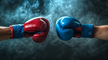 Closeup two man hands in red and blue boxing gloves hitting each