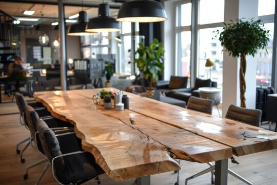 A wooden table in a modern office, with a team having a meeting