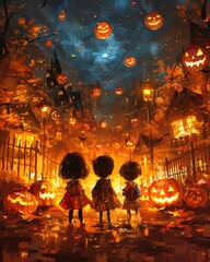 A group of children are walking down a street that is lined with jack-o'-lanterns