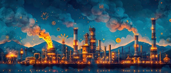 Night view of an illuminated industrial factory with smokestacks against a scenic backdrop of mountains under a starry sky.