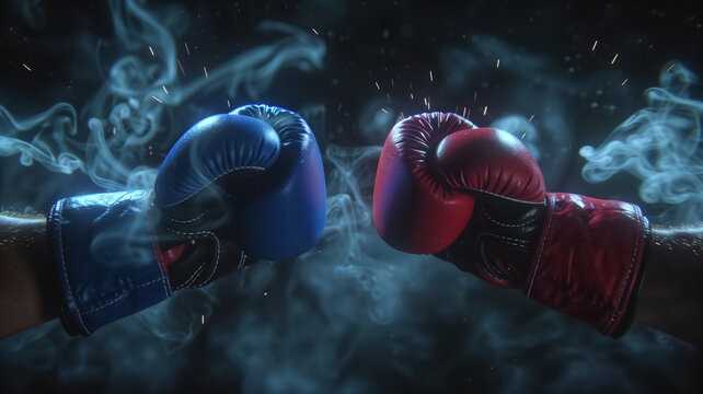 Closeup two man hands in red and blue boxing gloves hitting each