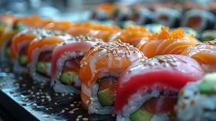 Get close-up shots of a plate of colorful sushi rolls, featuring fresh fish, creamy avocado, and crunchy tempura flakes.