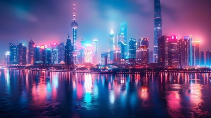 The city skyline photographed from across a wide river, with magnificent sparkling lights