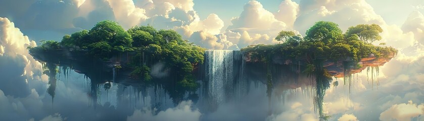 A floating island with lush vegetation and a serene waterfall