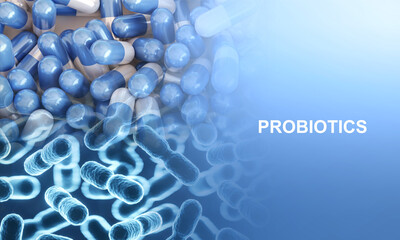 Probiotics banner template. Probiotic in capsule. Human microbiome concept. Health and medicine concept. 3d-rendering