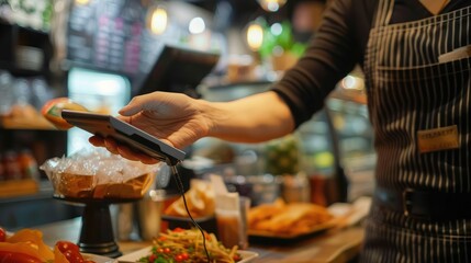 Close up contactless payment reader on waitress hand give to customer scan from smartphone to paying bill at table in the cafe fr technology transaction concept 
