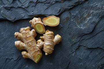 Ginger root slices arranged in a heart shape on a dark slate surface, highlighting their texture - Powered by Adobe