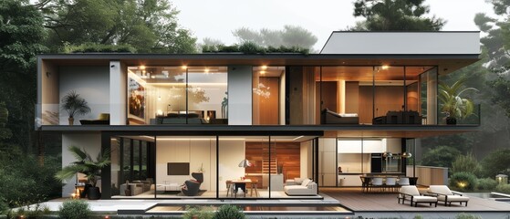  Cross-section of a modern minimalist house showcasing interior design