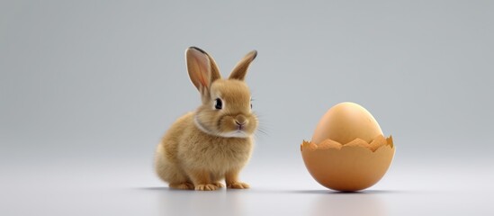 Obraz premium Cute rabbits and easter eggs cream gray background