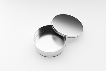 Opened round aluminum metal tin box on white background.