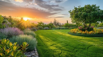 Automatic garden watering system on turf. Landscape design with lawn and fruit garden irrigated