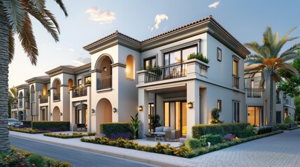 Fototapeta premium Luxury housing projects, featuring modern townhouses and villas. Real estate market with property listings.