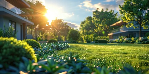 Obraz premium Idyllic home amidst lush garden at sunrise