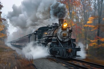A classic steam train in motion through an autumn landscape, billowing thick clouds of smoke and steam