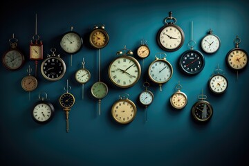 A variety of vintage wall clocks showcasing different designs and times against a blue background