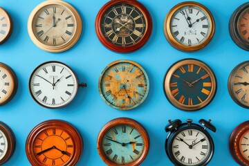 A variety of vintage wall clocks showcasing different designs and times against a blue background
