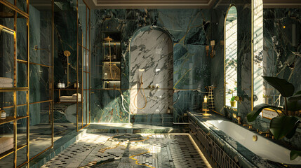 An opulent shower with marble walls, mosaic floor, shelves, and gold faucet.