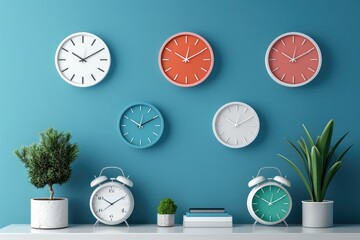 A variety of vintage wall clocks showcasing different designs and times against a blue background