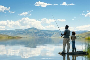 Naklejka premium African American father and young daughter fishing at a lake with mountains in the background. Both wear casual outfits, and the father is holding a fishing rod.
