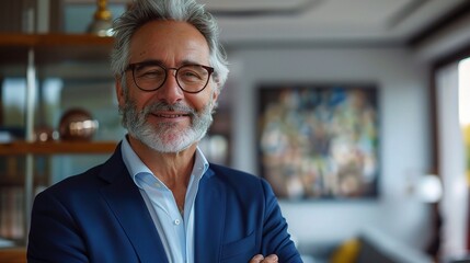 Fototapeta premium cheerful senior man with grey hair, dressed in a blue suit, standing in a modern office