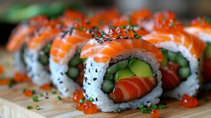 Zoom in on the intricate swirls and patterns of a freshly made sushi roll, featuring delicate slices of raw fish