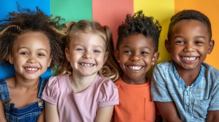 Depict a joyful image of preschoolers from different ethnicities holding hands and dancing in a circle on a bright, multicolored
