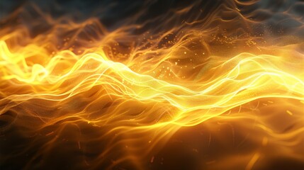 A yellow stream of light flashed rapidly like an electric current, with dark yellow gradient on the black background. This yellow light flow resembles an abstract and complex pattern. Generative AI.