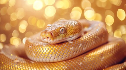 Obraz premium Close up golden snake with shiny scales, symbol of new 2025 year, horizontal greeting card template.