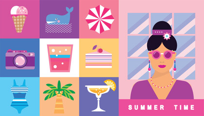 Summer concept design modern abstract background Set icons  poster, web-banner, social media Vector cute flat illustration