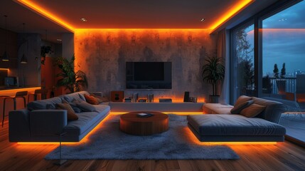 Design a modern living room with a sleek sofa, a wall-mounted TV, and LED strips integrated along the ceiling for
