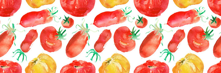 Watercolor illustrations of ripe tomatoes. Watercolour seamless pattern with red and yellow tomatoes on white backdrop. Tomato background for paste packaging design, juice label, banner vegan food.