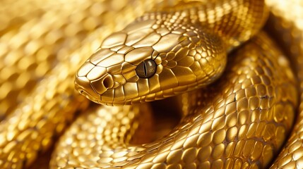 Close up golden snake with shiny scales, symbol of new 2025 year, horizontal greeting card template.