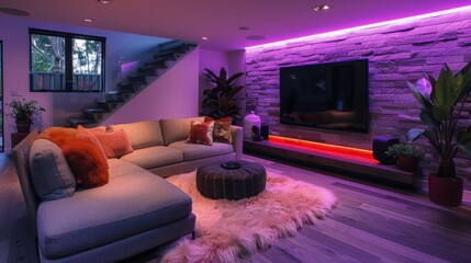 A cozy basement oasis illuminated by adjustable LED strips, furnished with a plush sofa and a widescreen TV for ultimate