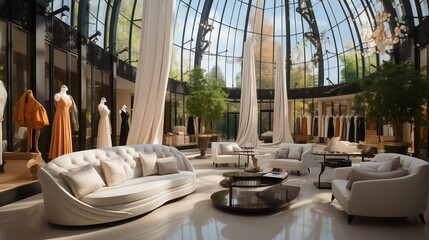 Luxury retail store interior with elegant displays, high-end fashion, soft ambient lighting, sophisticated decor
