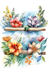 Beautiful watercolor floral arrangement with vibrant colors and variety of flowers on a white background.