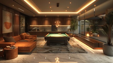 Imagine a cozy evening in the modern basement as the family gathers around the pool table, playing rounds of billiards