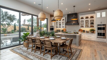 Picture a peaceful evening as the family enjoys a candlelit dinner at the elegant dining table in their modern kitchen.
