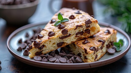 A serving of rich chocolate chip scones, perfect for breakfast.