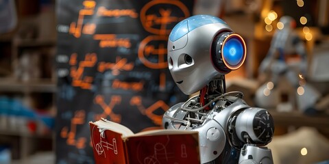 A humanoid robot holding a red book surrounded by mathematical formulas. Concept Science Fiction, Robotics, Artificial Intelligence, Mathematics, Technology
