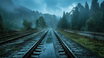 Fototapeta premium rainy wet railway track with forest view, weather reliability of rural transit.